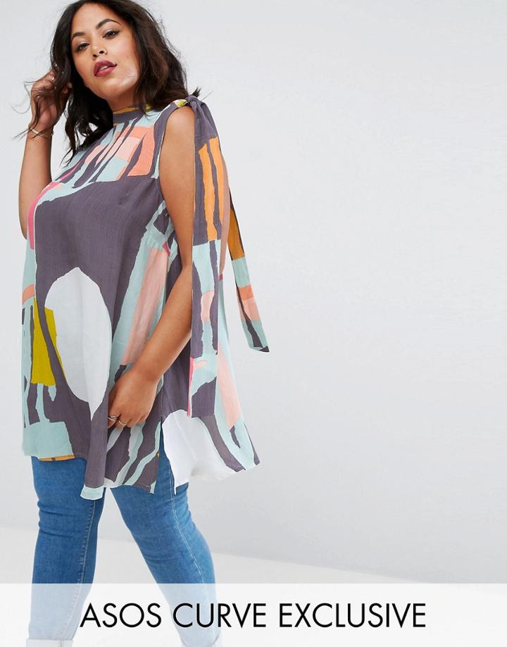 Asos Curve Tunic With Tie Sleeve In Contemporary Print - Multi