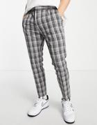 Topman Skinny Shadow Check Pants With Elasticated Waist In Navy