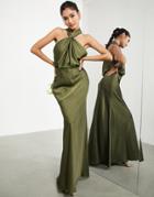 Asos Edition Satin Ruched Halter Neck Maxi Dress In Olive-green