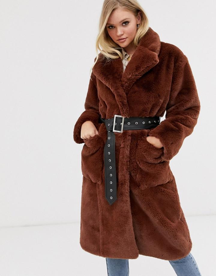 Neon Rose Oversized Faux Fur Coat With Belt