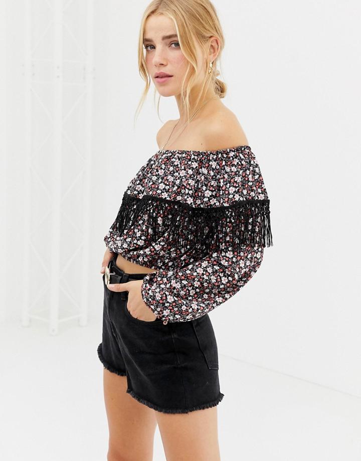 Glamorous Off Shoulder Ditsy Floral Top With Tassels-black