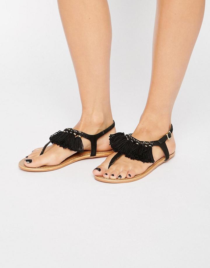London Rebel Tassle Flat Sandals - Black