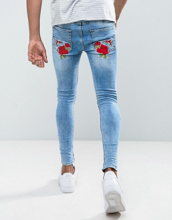 Rose London Super Skinny Jeans With Floral Embroidery - Blue