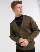 Asos Design Knitted Rib V Button Cardigan In Tan Twist-brown