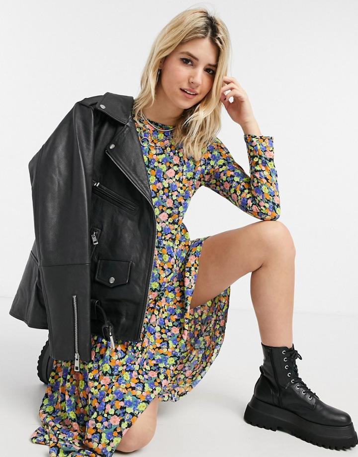 Asos Design Long Sleeve Tiered Smock Midi Dress In Floral Print-multi