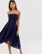 Asos Design Bandeau Lace Bodice Soft Layered Skirt Midi Dress - Navy