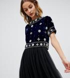 Lace & Beads Velvet Embellished Crop Top In Midnight Navy - Navy