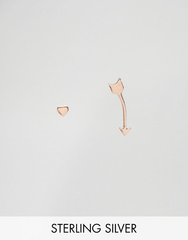Asos Rose Gold Plated Sterling Silver Mismatch Heart & Arrow Earrings - Copper