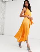 Forever U Collection Halter Neck Wrap Tie Ruffle Dress In Orange