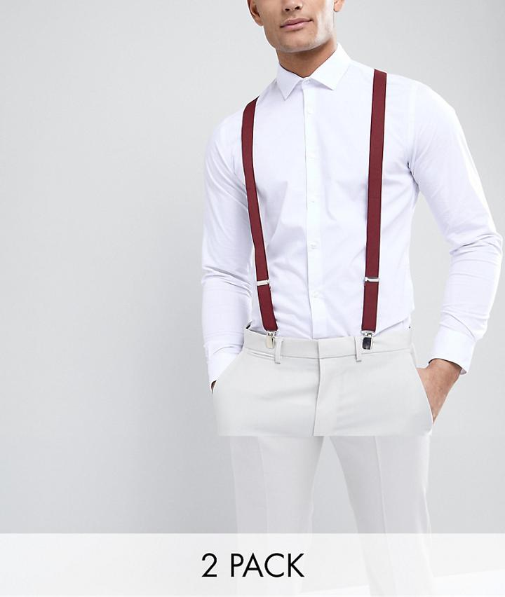 Asos 2 Pack Wedding Suspenders In Burgundy Save - Red