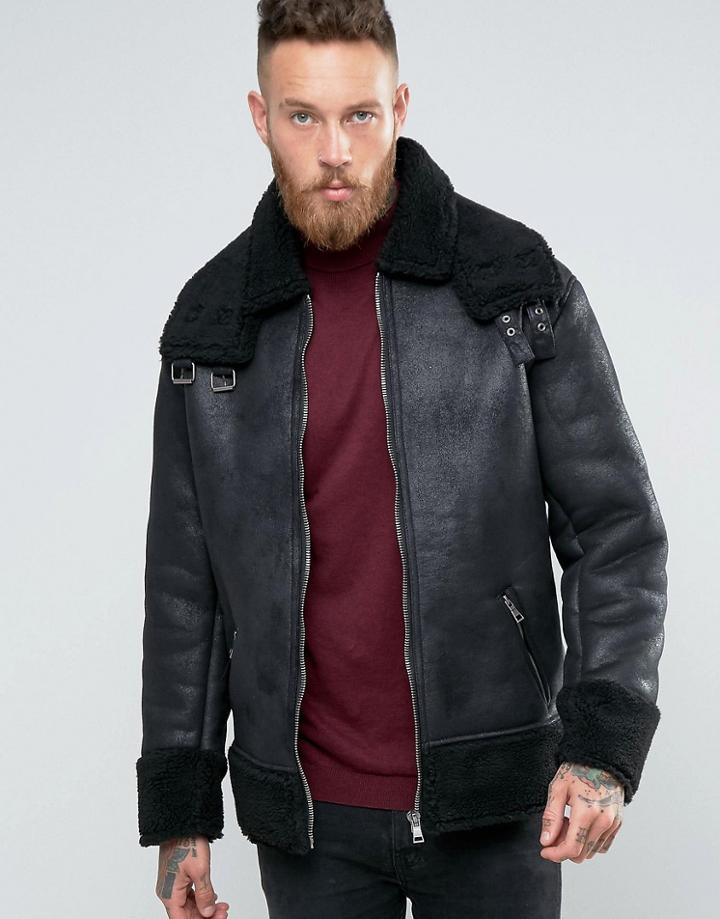 Asos Oversized Faux Shearling Jacket In Black - Black
