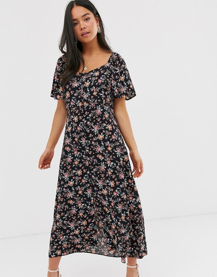 New Look Square Neck Maxi Dress In Black Floral - Black