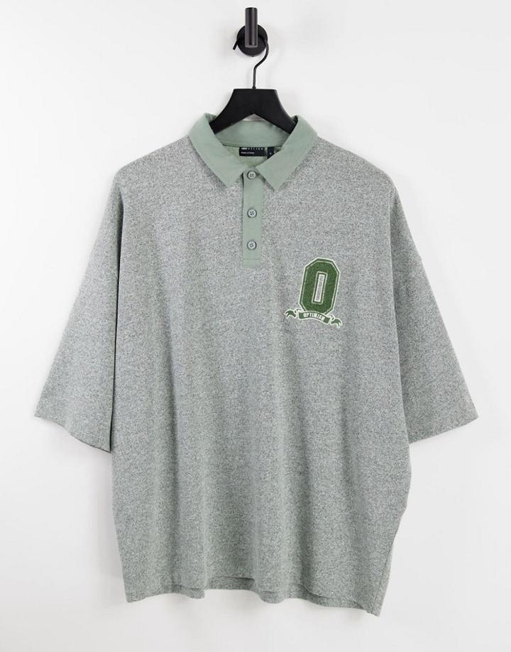 Asos Design Oversized Polo T-shirt In Green Heather With Badge