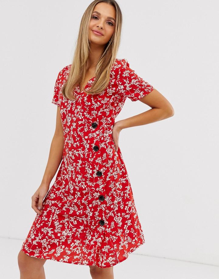 Vila Floral Asymmetric Button Dress-multi