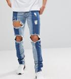 Sixth June Muscle Fit Super Skinny Jeans In Midwash Blue With Contrast Panels - Blue