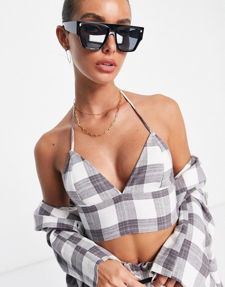 Asos Design Linen Check Suit Halter Top In Multi