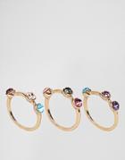 Asos Pack Of 3 Rainbow Stone Rings - Gold