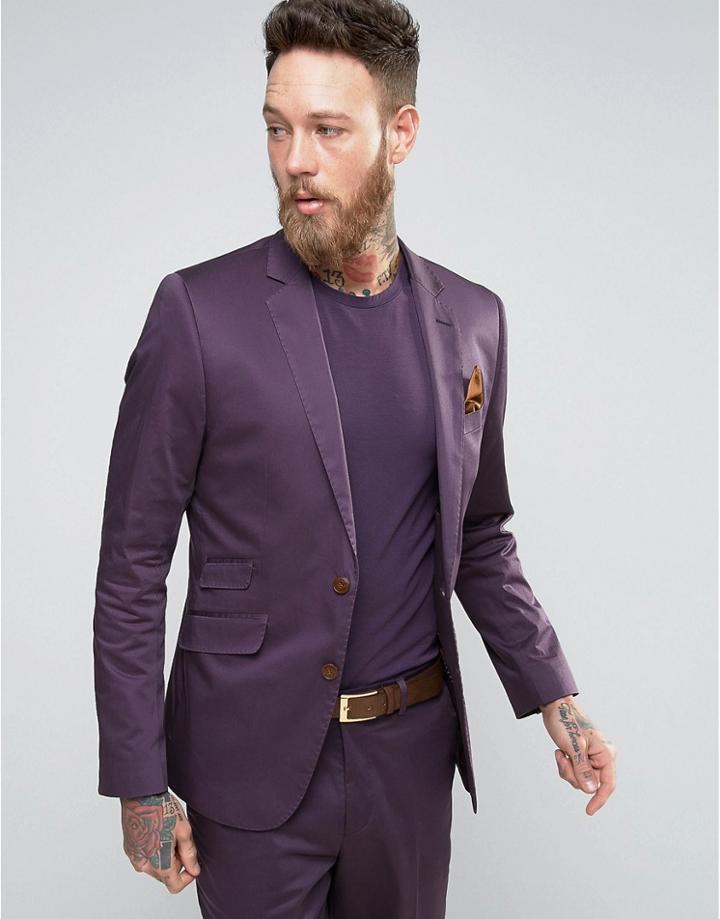Devils Advocate Skinny Fit Purple Cotton Sateen Suit Jacket - Purple