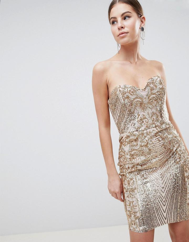 City Goddess Sweetheart Neckline Sequin Embroidered Mini Dress - Gold
