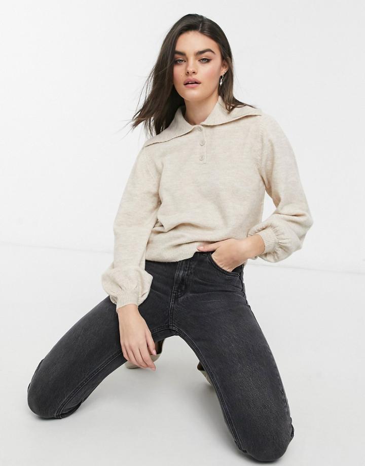 Asos Design Sweater With Wide Collar And Button Placket In Stone-neutral
