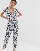 Asos Design Tie Waist V Neck Jumpsuit In Floral Print - Multi