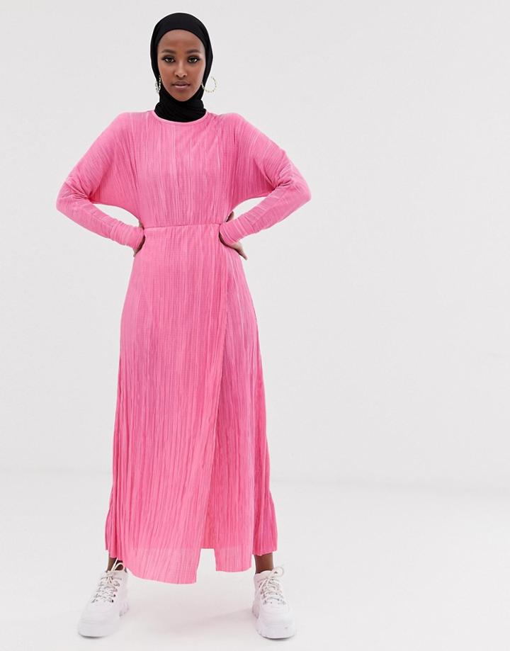 Asos Design Maxi Plisse Dress With Draped Waist - Pink