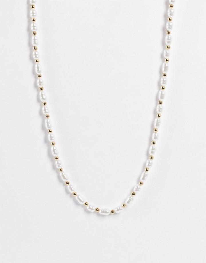 Asos Design Pearl Necklace With T Bar Detail In Gold Tone-multi