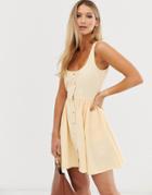 Asos Design Denim Scoop Neck Button Front Skater Mini Dress In Lemon - Blue