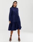 French Connection Tiered Shirt Midi Dress-blue