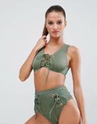 Asos Ribbed Mesh Lace Up Eyelet Bikini Top - Green