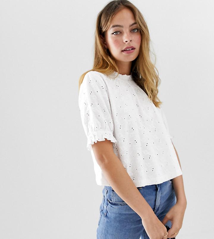 Asos Design Petite Swing Top In Broderie With Pie Crust Ruffle Neck-white