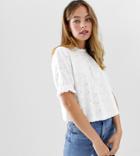 Asos Design Petite Swing Top In Broderie With Pie Crust Ruffle Neck-white