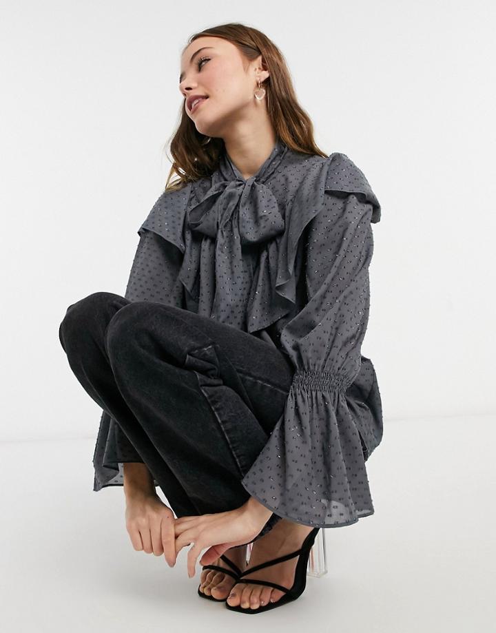 Topshop Ruffle Blouse In Gunmetal-grey