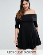 Asos Curve Deep Bardot Mini Skater Dress With 3/4 Length Sleeve - Black