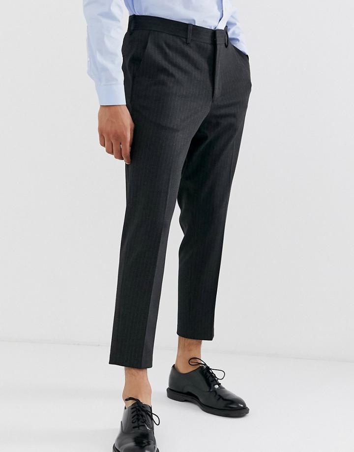 Selected Homme Crop Tapered Pants In Gray Stripe Jersey