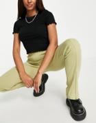 Topshop Ribbed Flared Legging With Zip Front Split Hem In Light Green