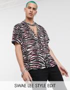 Asos Design Relaxed Tiger Print Shirt With Deep Revere-pink