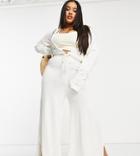 Asos Design Curve Set Knitted Wide Leg Pants With Side Split Hem In Cream-white
