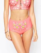 South Beach Coral High Waisted Bikini Bottoms With Embroidery And Embellishment