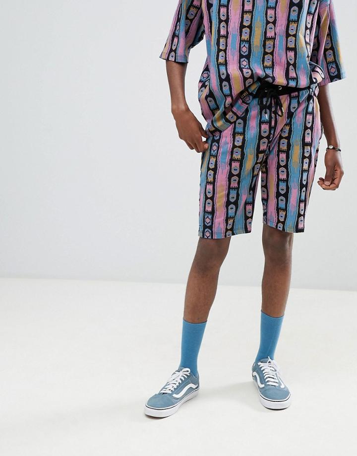 Asos Design Oversized Short In Geo-tribal All Over Print - Pink
