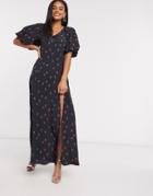 Never Fully Dressed Valentina Puff Sleeve Maxi Dress With High Thigh Split In Black Floral Print-multi