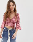 Gilli Wrap Front Blouse In Gingham With Flare Sleeves-multi