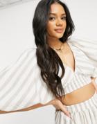 Asos Design Volume Sleeve Beach Set Top In Neutral Stripe Print-multi