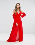 Pearl Ruffle Cold Shoulder Maxi Dress - Red