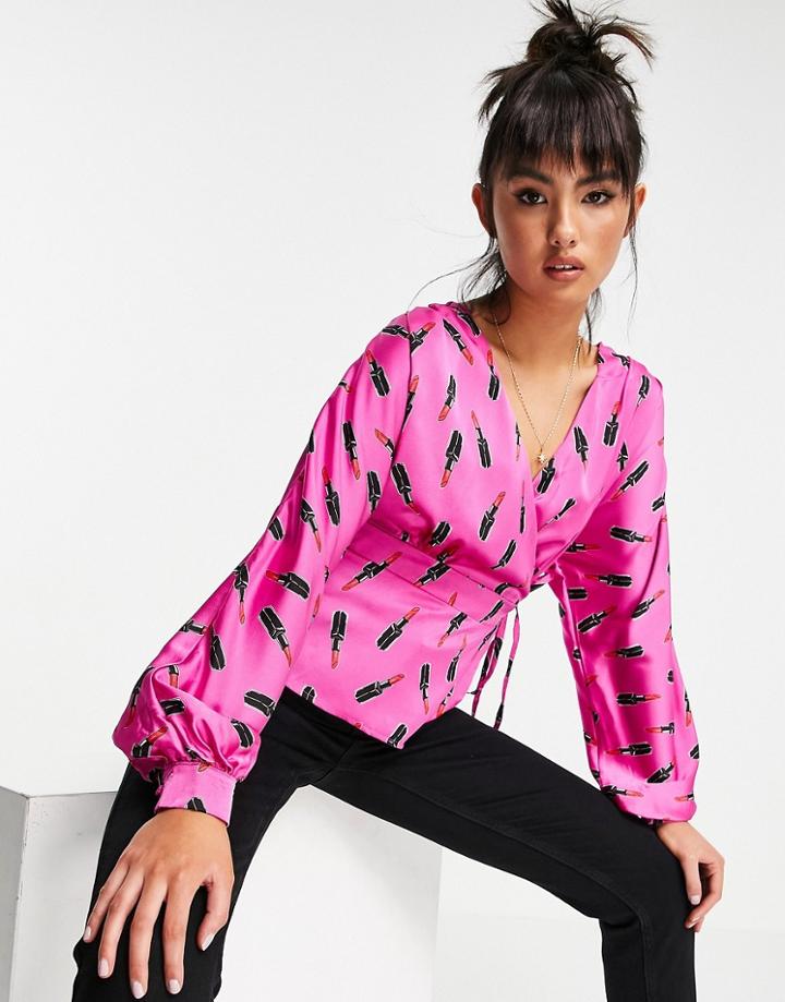 Liquorish Wrap Blouse In Satin Pink Print