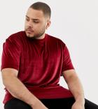 Asos Design Plus Relaxed Longline Velour T-shirt In Oxblood - Red