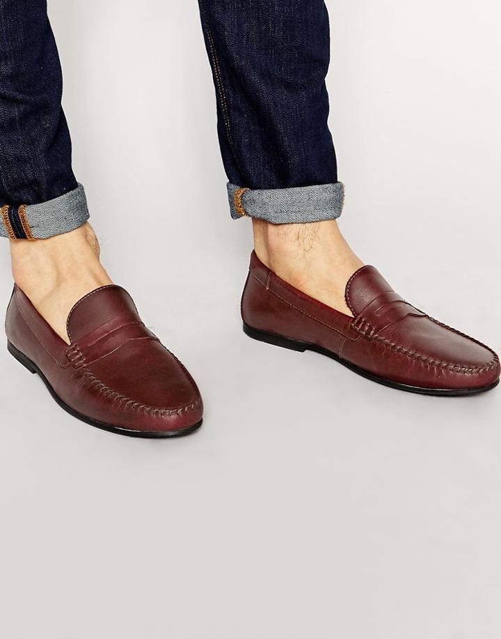 Asos Penny Loafers In Burgundy Leather - Burgundy