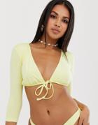 Asos Design Tie Front Long Sleeve Crop Bikini Top In Shiny Pastel Yellow