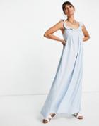 Vila Maxi Beach Dress With Ruffle Shoulder In Blue-blues