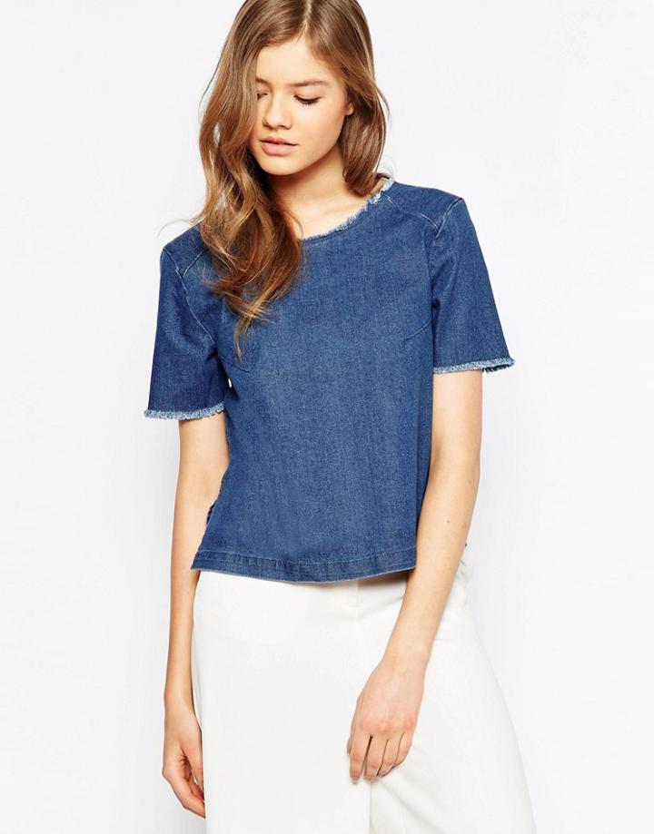 Pieces Denim Shirt With Frayed Neckline - Blue